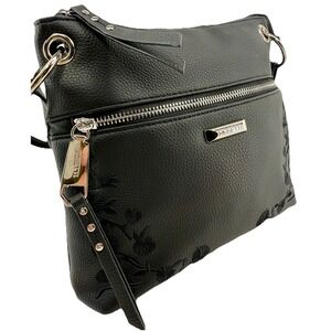 Rosetti Black Pebbled Faux Leather Floral Embroidered Crossbody Shoulder Bag NEW